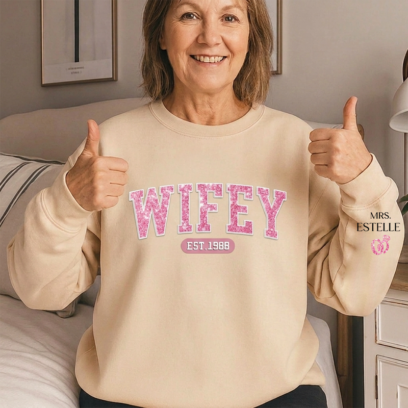 Mrs Est - Couple Personalized Custom Unisex Sweatshirt With Design On Sleeve - Gift For Husband Wife, Anniversary