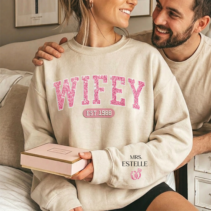 Mrs Est - Couple Personalized Custom Unisex Sweatshirt With Design On Sleeve - Gift For Husband Wife, Anniversary