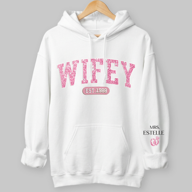 Mrs Est - Couple Personalized Custom Unisex Sweatshirt With Design On Sleeve - Gift For Husband Wife, Anniversary