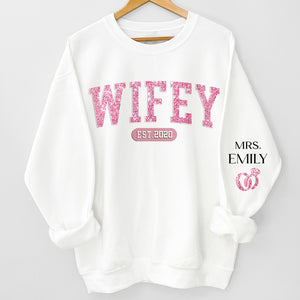 Mrs Est - Couple Personalized Custom Unisex Sweatshirt With Design On Sleeve - Gift For Husband Wife, Anniversary