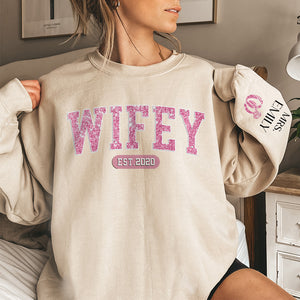 Mrs Est - Couple Personalized Custom Unisex Sweatshirt With Design On Sleeve - Gift For Husband Wife, Anniversary