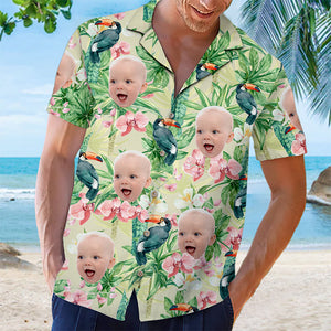 Custom Photo Tropical Bird Flower Pattern - Family Personalized Custom Unisex Tropical Hawaiian Aloha Shirt - Summer Vacation Gift, Gift For Family Members