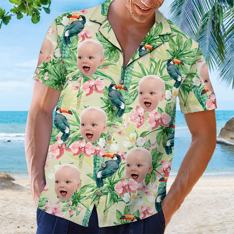 Custom Photo Tropical Bird Flower Pattern - Family Personalized Custom Unisex Tropical Hawaiian Aloha Shirt - Summer Vacation Gift, Gift For Family Members