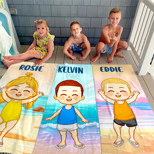 Happiness Comes In Waves - Family Personalized Custom Beach Towel - Summer Vacation Gift, Birthday Pool Party Gift For Family Members