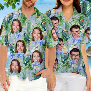 Custom Photo Tropical Bird Flower Pattern - Couple Personalized Custom Unisex Tropical Hawaiian Aloha Shirt - Summer Vacation Gift, Gift For Husband Wife