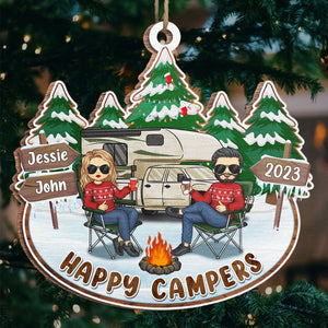 Happy Campers Take Vacations - Couple Personalized Custom Ornament - Wood Custom Shaped - Christmas Gift For Husband Wife, Anniversary, Camping Lovers