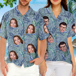 Colorful Tropical Leaves And Pet - Couple Personalized Face Custom Unisex Tropical Hawaiian Aloha Shirt - Summer Vacation Gift, Gift For Husband Wife