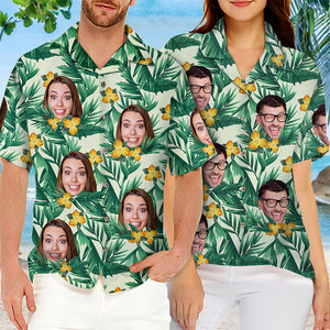 Custom Photo Colorful Tropical Flowers And Leaves Pattern - Couple Personalized Custom Unisex Tropical Hawaiian Aloha Shirt - Summer Vacation Gift, Gift For Husband Wife