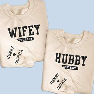 Where I Go Trouble Follows - Couple Personalized Custom Couple Sweatshirt With Design On Sleeve - Gift For Husband Wife, Anniversary