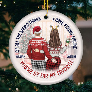 All Because Two People Swiped Right - Couple Personalized Custom Ornament - Ceramic Round Shaped - Christmas Gift For Husband Wife, Anniversary