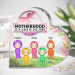 Motherhood Is A Walk In The Park - Family Personalized Custom Heart Shaped Acrylic Plaque - Birthday Gift For Mom