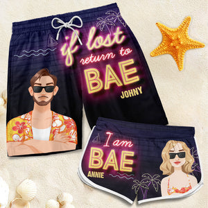 If I'm Lost, Return To Bae - Funny Personalized Custom Tropical Hawaiian Aloha Couple Beach Shorts - Summer Vacation Gift, Birthday Party Gift For Husband Wife