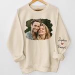 Custom Photo Meeting You Is The Best Thing That Ever Happened To Me - Couple Personalized Custom Unisex Sweatshirt With Design On Sleeve - Gift For Husband Wife, Anniversary