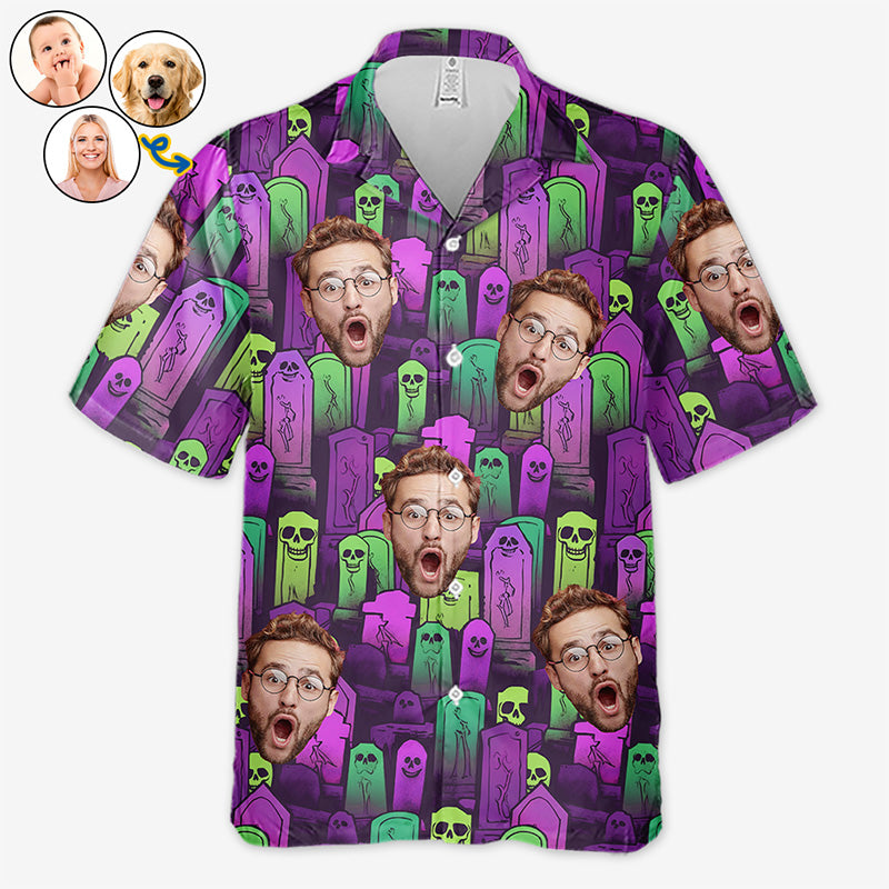 Custom Photo Eat Drink And Be Scary - Family Personalized Custom Unisex Tropical Hawaiian Aloha Shirt - Halloween Gift For Family Members, Pet Owners, Pet Lovers