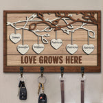 Love Grows Here - Family Personalized Custom Rectangle Shaped Key Hanger, Key Holder - Gift For Family Members
