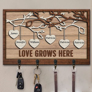 Love Grows Here - Family Personalized Custom Rectangle Shaped Key Hanger, Key Holder - Gift For Family Members