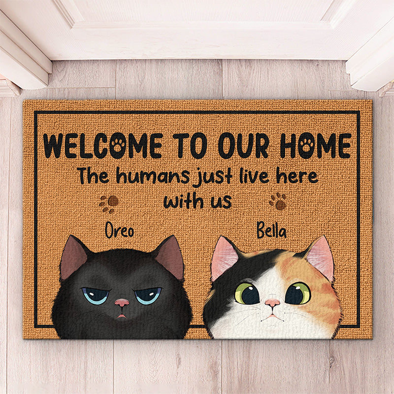 Welcome To Our Happy House - Cat Personalized Custom Home Decor Decorative Mat - House Warming Gift For Pet Owners, Pet Lovers