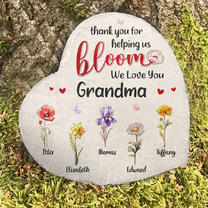 Thank You For Helping Us Bloom - Family Personalized Custom Heart Shaped Stone With Stand - Gift For Grandma