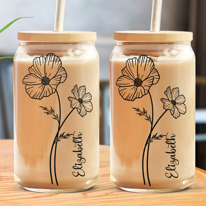 Glass Cups With Lid and Straw, Flower Glass Cups, Floral Glass Coffee Cup,  Glass Tumbler, Glass Tumbler with Straw and Lid, Iced Coffee Cup