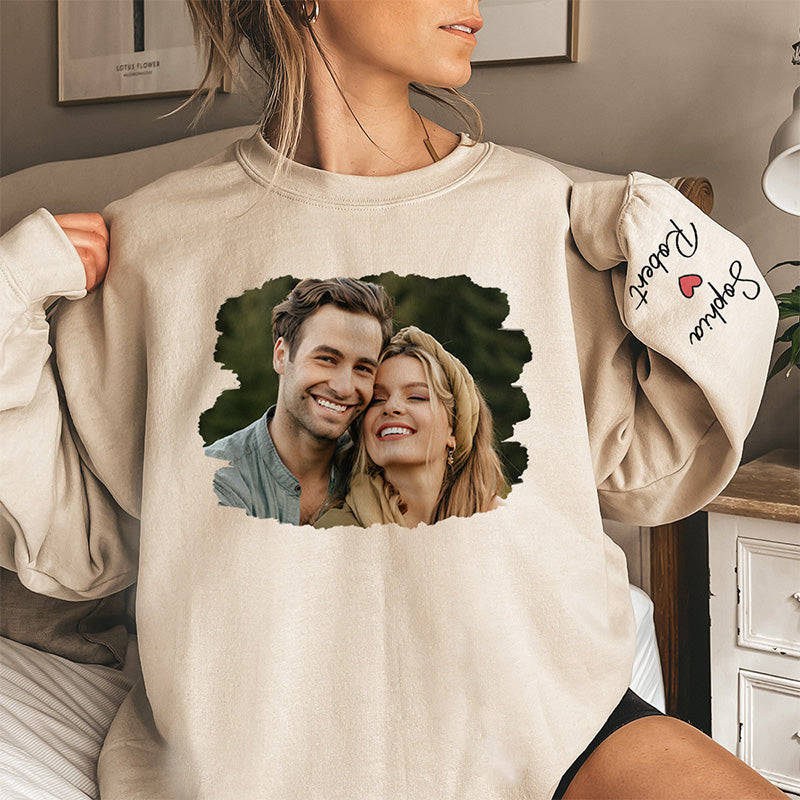 Custom Photo Meeting You Is The Best Thing That Ever Happened To Me - Couple Personalized Custom Unisex Sweatshirt With Design On Sleeve - Gift For Husband Wife, Anniversary