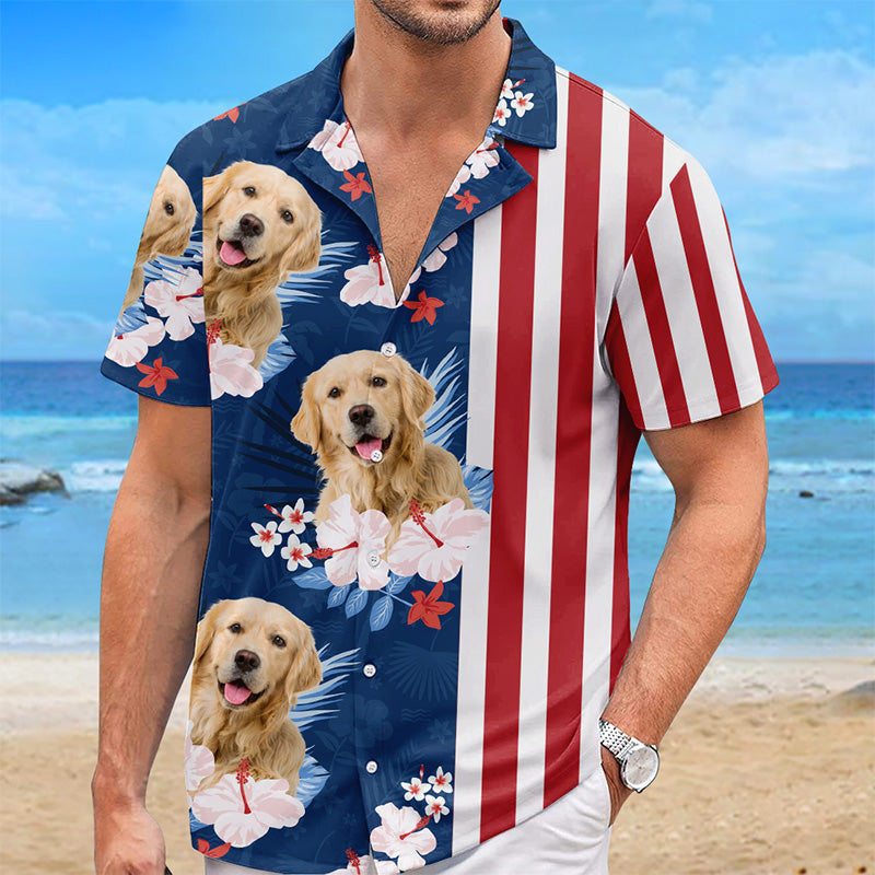 Custom Photo In Love With My Summer - Dog & Cat Personalized Custom Unisex Patriotic Tropical Hawaiian Aloha Shirt - Independence Day, 4th Of July, Summer Vacation Gift, Gift For Pet Owners, Pet Lovers