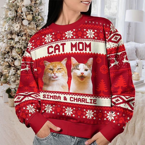 Proud Cat Mom, Personalized Knitted Ugly Sweater, Naughty Cat Sweater, Christmas Gift For Cat Lover