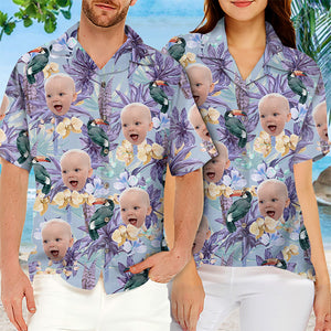 Custom Photo Tropical Bird Flower Pattern - Family Personalized Custom Unisex Tropical Hawaiian Aloha Shirt - Summer Vacation Gift, Gift For Family Members