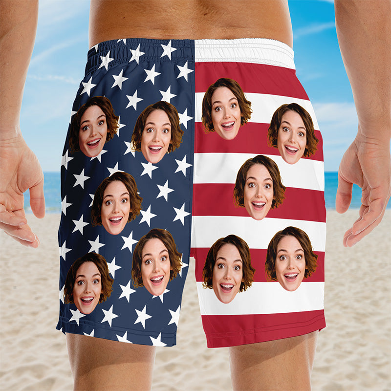 Custom Photo Rocking The Red, White, And Blue - Funny Personalized Custom Patriotic Men Beach Shorts - Independence Day, 4th Of July, Summer Vacation Gift, Birthday Party Gift For Husband
