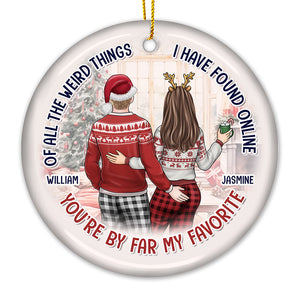 All Because Two People Swiped Right - Couple Personalized Custom Ornament - Ceramic Round Shaped - Christmas Gift For Husband Wife, Anniversary