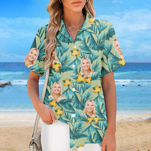 Custom Photo Colorful Flowers And Leaves Pattern - Couple Personalized Custom Unisex Tropical Hawaiian Aloha Shirt - Summer Vacation Gift, Gift For Husband Wife, Anniversary