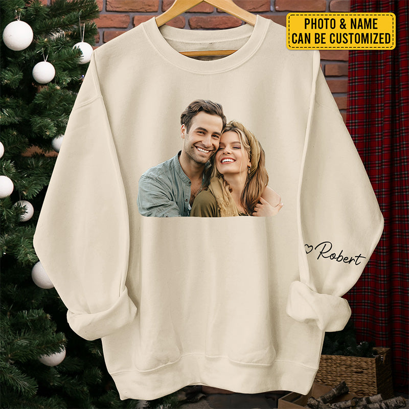 Sweat-shirt unisexe personnalisé avec photo « Love Me A Little Love Me Long » pour couple, avec motif sur la manche, cadeau pour mari et femme, anniversaire