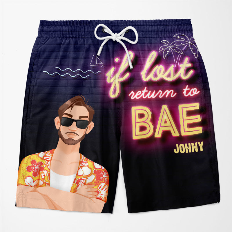 If I'm Lost, Return To Bae - Funny Personalized Custom Tropical Hawaiian Aloha Couple Beach Shorts - Summer Vacation Gift, Birthday Party Gift For Husband Wife