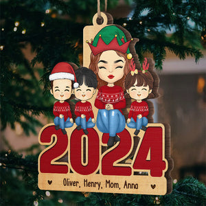 Mom And Kids Sitting Together - Family Personalized Custom Ornament - Wood Unique Shaped - Christmas Gift For Family Members