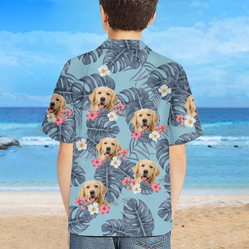 Custom Photo Kid Tropical Leaves And Pet - Dog & Cat Personalized Custom Unisex Tropical Hawaiian Aloha Shirt - Summer Vacation Gift, Birthday Gift For Kids, Pet Owners, Pet Lovers