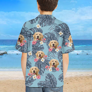 Custom Photo Kid Tropical Leaves And Pet - Dog & Cat Personalized Custom Unisex Tropical Hawaiian Aloha Shirt - Summer Vacation Gift, Birthday Gift For Kids, Pet Owners, Pet Lovers