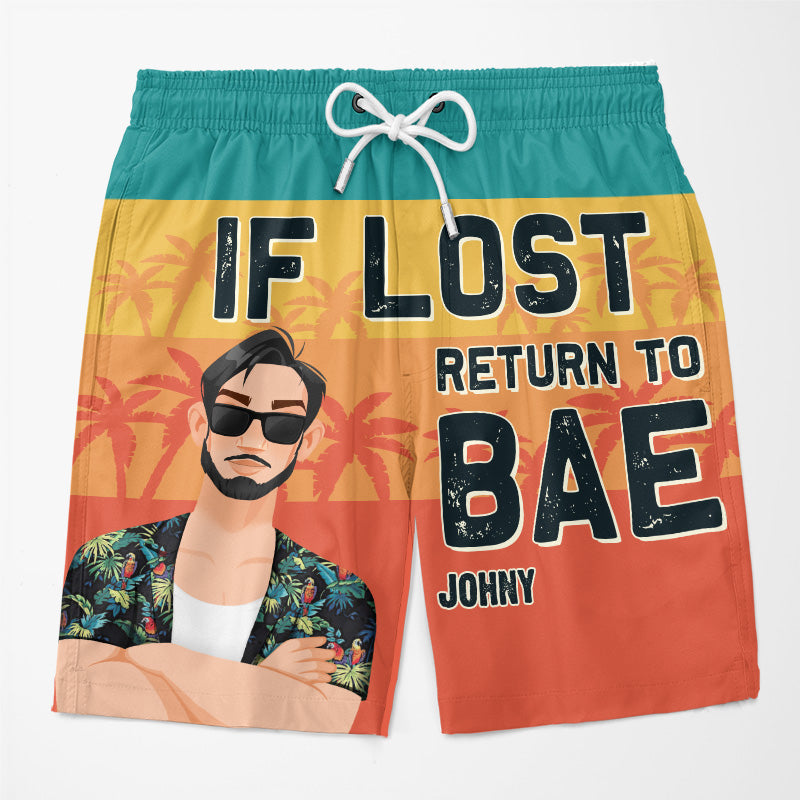 If I'm Lost Return To Bae I Am Bae - Funny Personalized Custom Tropical Hawaiian Aloha Couple Beach Shorts - Summer Vacation Gift, Birthday Party Gift For Husband Wife