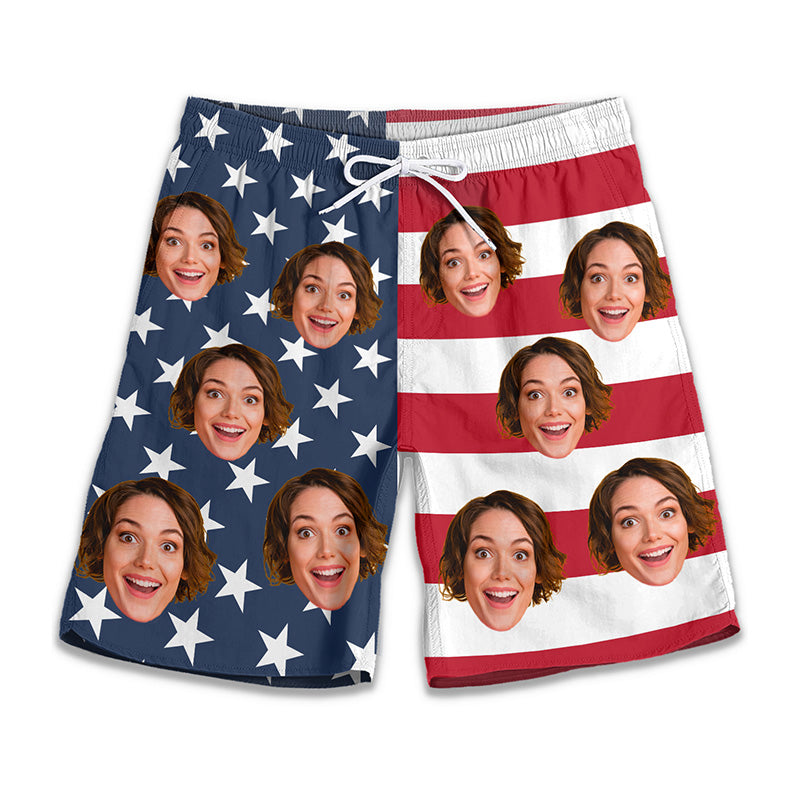 Custom Photo Rocking The Red, White, And Blue - Funny Personalized Custom Patriotic Men Beach Shorts - Independence Day, 4th Of July, Summer Vacation Gift, Birthday Party Gift For Husband