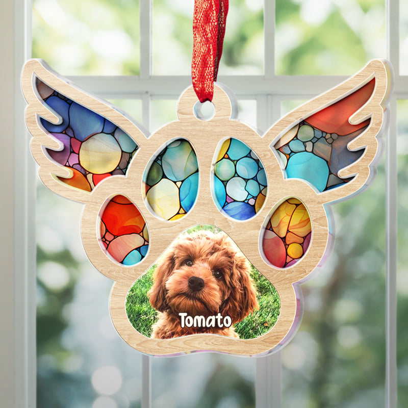 Custom Photo Pets Leave Pawprints On Our Hearts - Memorial Personalized Custom Suncatcher Ornament - Acrylic Unique Shaped - Sympathy Gift For Pet Owners, Pet Lovers