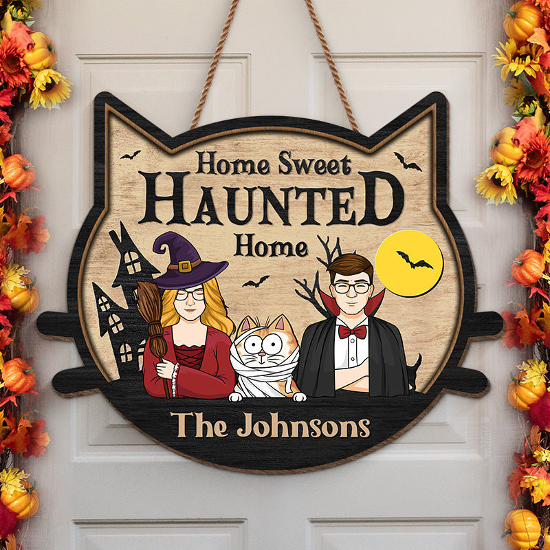Home Sweet Haunted Home - Couple Personalized Custom Shaped Home Decor Witch Wood Sign - Halloween Gift For Husband Wife, Pet Owners, Pet Lovers