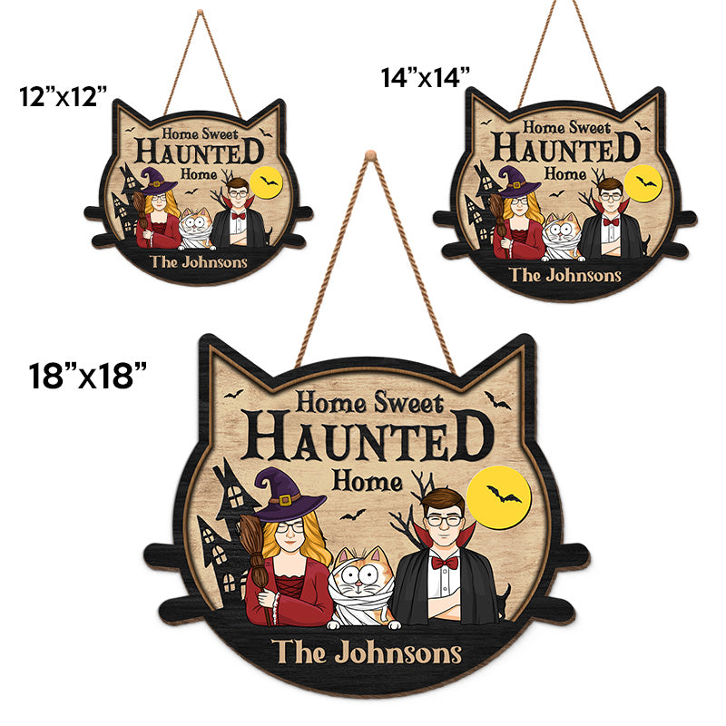 Home Sweet Haunted Home - Couple Personalized Custom Shaped Home Decor Witch Wood Sign - Halloween Gift For Husband Wife, Pet Owners, Pet Lovers
