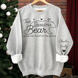 This Mama Bear Wears Her Heart On Her Sleeve - Family Personalized Custom Unisex Sweatshirt With Design On Sleeve - Gift For Mom