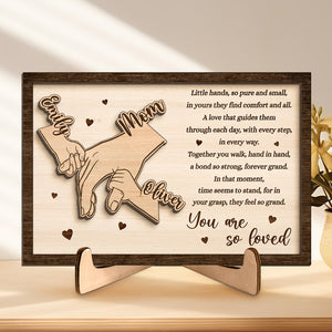 Hand In Hand - Family Personalized Custom 2-Layered Wooden Plaque With Stand - House Warming Gift For Mom