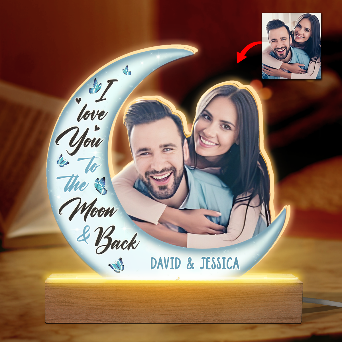 Custom Photo Love You To The Moon And Back - Couple Personalized Custom Shaped 3D LED Light - Upload Photo Gift For Husband Wife, Anniversary