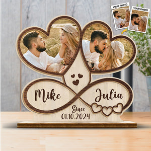 Custom Photo Love Binds Us Together As A Couple - Couple Personalized Custom Shaped 2-Layered Wooden Plaque With Flat Stand - House Warming Gift, Gift For Husband Wife, Anniversary