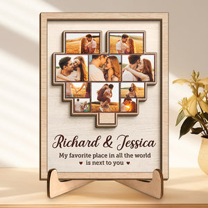 Custom Photo Home Is Where My Wife Is - Couple Personalized Custom 2-Layered Wooden Plaque With Stand - House Warming Gift For Husband Wife, Anniversary