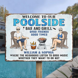 Welcome To Our Poolside, Bar & Grill - Couple Personalized Custom Home Decor Metal Sign - House Warming Gift For Husband Wife, Anniversary