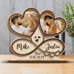 Custom Photo Love Binds Us Together As A Couple - Couple Personalized Custom Shaped 2-Layered Wooden Plaque With Flat Stand - House Warming Gift, Gift For Husband Wife, Anniversary