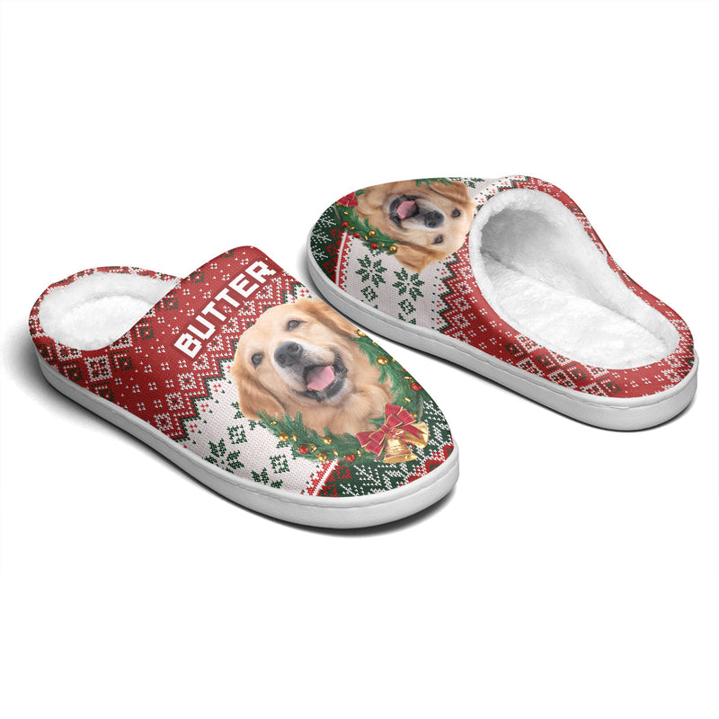 Custom Photo Santa's Little Helper Right Here - Dog & Cat Personalized Custom Fluffy Slippers - Christmas Gift For Pet Owners, Pet Lovers