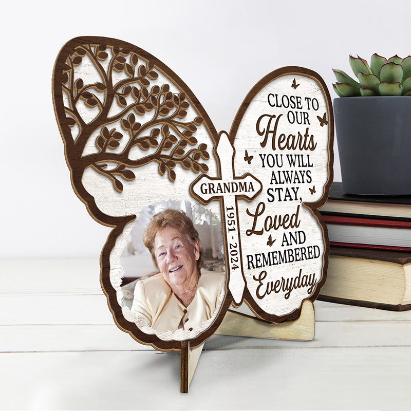 Custom Photo Always On Our Minds - Memorial Personalized Custom 2-Layered Wooden Plaque With Stand - Sympathy Gift For Family Members