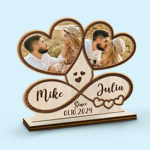 Custom Photo Love Binds Us Together As A Couple - Couple Personalized Custom Shaped 2-Layered Wooden Plaque With Flat Stand - House Warming Gift, Gift For Husband Wife, Anniversary